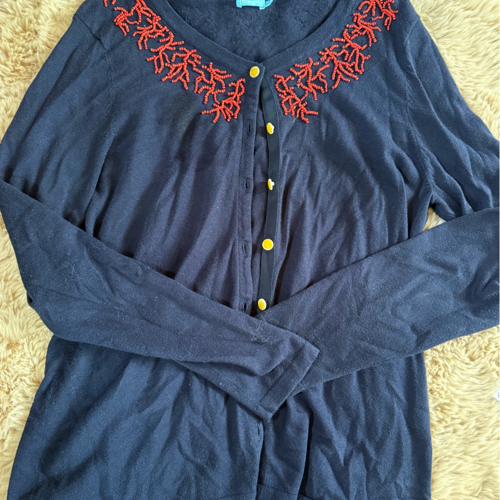 J. McLaughlin Navy Sweater with Coral Beading